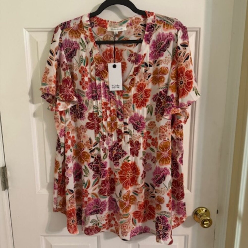 NWT Rose & Olive Boho Floral Peasant Top Smocked Flutter Sleeve 2X
